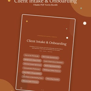 Op de afbeelding: Een digitaal werkboek voor coaches en therapeuten getiteld Client Intake & Onboarding, met een bundel invulbare PDF-formulieren. Het document bevat secties voor intake, toestemming en onboarding, weergegeven met een roestkleurige achtergrond.