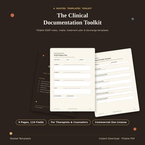 Op de afbeelding: Een digitale toolkit genaamd The Clinical Documentation Toolkit, met invulbare SOAP-notities, intake-, behandelplan- en ontslagsjablonen. De set bevat 9 pagina's met 116 velden, gepresenteerd op een donkerbruine achtergrond met witte tekst.