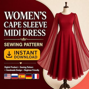 Cape Sleeve Dress Sewing Pattern, Wome Elegant Midi Dress PDF, Instant Download