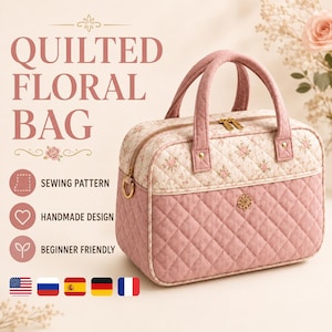 Puede incluir: Un bolso floral acolchado con una sección inferior de color rosa empolvado con costuras de diamante y un panel superior crema con un pequeño estampado floral. El bolso tiene dos asas, cremalleras doradas y un pequeño emblema metálico frontal.