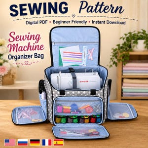 May include: A grey and white polka dot sewing machine organiser bag with a light blue interior. The bag is open, revealing a white Singer sewing machine, multiple pockets, and various sewing supplies like thread spools, scissors, and tape measures.