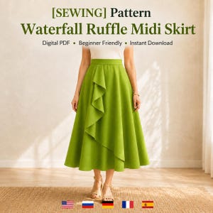 May include: A bright lime green midi skirt featuring a vertical waterfall ruffle detail along the front. The text at the top reads [SEWING] Pattern Waterfall Ruffle Midi Skirt, Digital PDF, Beginner Friendly, and Instant Download.