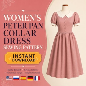 Patrón de costura para vestido de mujer con cuello Peter Pan, vestido midi con mangas abullonadas (PDF)