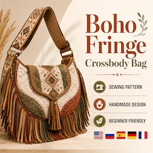 Può includere: Una borsa a tracolla in tessuto trapuntato color crema, verde oliva e marrone con lunghe frange. La borsa presenta una tracolla a motivi geometrici e una chiusura a patta con nappa. Il testo sull'immagine recita Boho Fringe Crossbody Bag, Sewing Pattern, Handmade Design e Beginner Friendly.