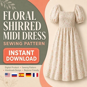 Floral Shirred Midi Dress Sewing Pattern PDF, Puff Sleeve Square Neck Dress, Beginner Women Pattern, Instant Download
