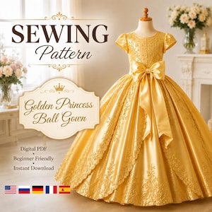 May include: A golden ball gown displayed on a mannequin, featuring short puff sleeves, a round neckline, and a large satin bow at the waist. The skirt has an embroidered overlay with floral patterns. Text reads: SEWING Pattern Golden Princess Ball Gown.