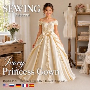 May include: An ivory floor-length gown with an off-the-shoulder neckline, short sleeves, and a central bow at the waist. The bodice and skirt feature intricate lace detailing and a full, pleated satin skirt. Text reads SEWING Pattern Ivory Princess Gown.