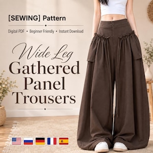 May include: Dark brown wide-leg trousers featuring gathered panels at the waist, a button closure, and long hanging ties. The text reads: [SEWING] Pattern, Digital PDF, Beginner Friendly, Instant Download, Wide Leg Gathered Panel Trousers.