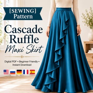 May include: A sewing pattern for a teal blue maxi skirt with a vertical cascade ruffle. The text reads [SEWING] Pattern, Cascade Ruffle Maxi Skirt, Digital PDF, Beginner Friendly, and Instant Download, accompanied by five national flag icons.
