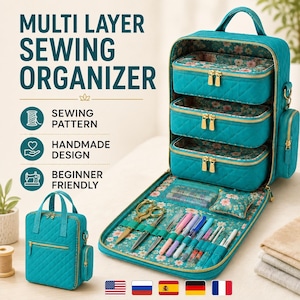 May include: A teal quilted multi-layer sewing organizer bag with gold zippers. The interior features three removable zippered cases and a fold-out panel with elastic loops for tools, a pincushion, and a floral lining. Text reads MULTI LAYER SEWING ORGANIZER.