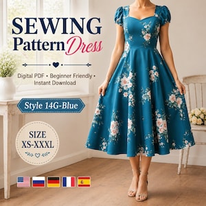 May include: A teal dress with a floral pattern, featuring short puff sleeves, a sweetheart neckline, and a full skirt. Text on the image reads: SEWING Pattern Dress, Digital PDF, Beginner Friendly, Instant Download, Style 14G-Blue, SIZE XS-XXXL.