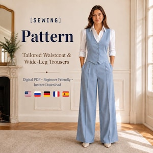 May include: A digital sewing pattern for a tailored light blue waistcoat and wide-leg trousers. The text reads [SEWING] Pattern Tailored Waistcoat & Wide-Leg Trousers Digital PDF Beginner Friendly Instant Download with five small flag icons.