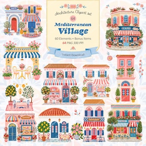 以下が含まれることがあります： Architecture Clipart set 64 Mediterranean Villageというタイトルのデジタルクリップアートセット。赤、青、ピンクのアクセント、鉢植え、ストライプのオーニング、屋外の座席を備えた、さまざまな建物、カフェ、ショップのイラストが含まれています。
