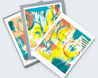 Set of 3 Abstract Mixed Media Greeting Cards, Original Copper Aqua Art
