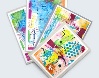 Set of 3 Abstract Mixed Media Greeting Cards, Original Art, 80's Fun Colors