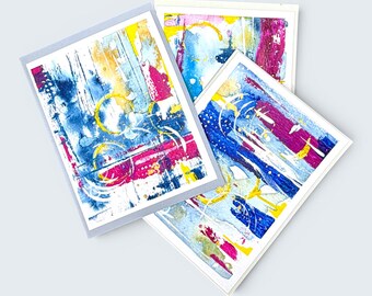 Set of 3 Abstract Mixed Media Greeting Cards, Original Blue, Magenta, Yellow Art