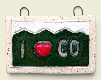 Handmade Ceramic Colorado Ornament, Mountain Cabin Decor, Tiny Hanging Art