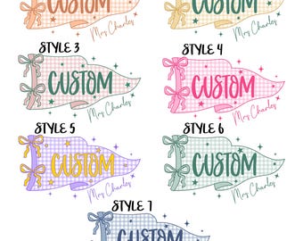 May include: Seven pennant designs labeled Style 1 through Style 7, each featuring a gingham pattern, two bows on the left side, the word CUSTOM in the center, and the script text Mrs Charles below, accented with small star shapes in various colors.