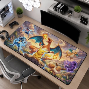 May include: A rectangular desk mat featuring a vibrant, detailed illustration of various Pokémon characters including Pikachu, Charizard, Lucario, Greninja, Eevee, Gengar, and Dragonite set against a dramatic, cloudy landscape with lightning effects.