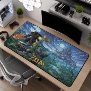 May include: A rectangular desk mat featuring a colorful illustration of Link, Zelda, and a dark knight from The Legend of Zelda. The scene includes a glowing sword, a shield, a castle under a moonlit sky, and the game title text in gold lettering.