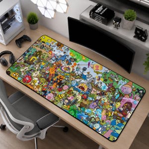 May include: A rectangular desk mat featuring a vibrant, multi-colored collage of various cartoon characters from the animated series Adventure Time, including Finn, Jake, Princess Bubblegum, and the Ice King, set against a detailed landscape background.