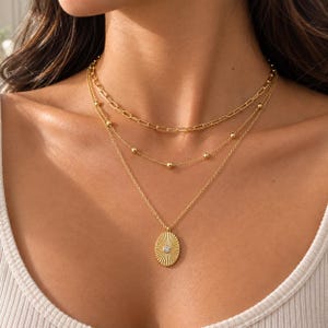 14K Gold-Plated Layered Necklace, Sunburst Zircon Pendant, Stackable Chain Jewelry