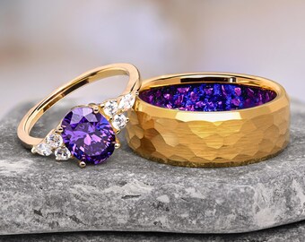 Oval Purple Amethyst Ring Set & Personalized Gold Hammered Tungsten Band with Hidden Purple Opal Inlay