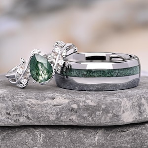 Conjunto de anillos de boda personalizados de plata y ágata musgosa – Plata de ley y tungsteno