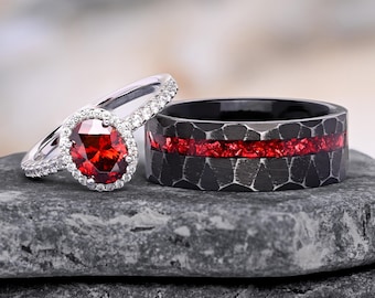 Red Garnet Ring Set– 925 Sterlig Silver Ring & Black Engraved Tungsten Band with hammered and distressed finish