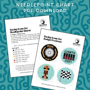 May include: A digital needlepoint chart PDF download titled Racing Icons Set. The document includes a color legend with DMC thread codes, instructions for 18 mesh canvas, and four pixelated designs featuring a tire, lights, a car, and a flag.