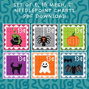 May include: A set of 6, 18 mesh, 2" needlepoint charts PDF download. The image displays six square stamp-style designs featuring a cauldron, spider, pumpkin, cat, ghost, and bats, each with a 13 cent denomination printed in the upper right corner.