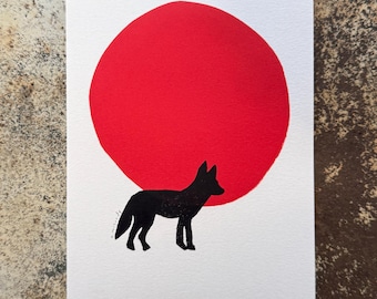 Southwestern Red Sun Coyote Linocut Art Print, Desert Animal Wildlife Colorful Handmade Wall Decor, Arizona New Mexico Block Print Design