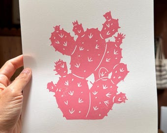 Southwest Desert Cactus Block Print: Handmade Wall Art for Nature Lovers