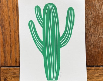 Cute Green Saguaro Cactus Linocut Handmade Art Print, Southwestern Cacti Wall Decor, Minimal Desert Landscape Living Room Decoration 5x7