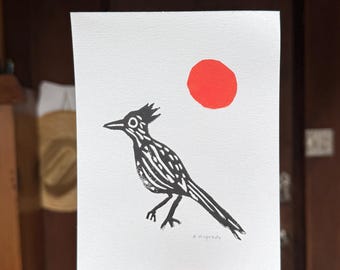 Desert Roadrunner Linocut Print: Handmade Wall Art for Nature Lovers 5x7