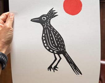 Impression linogravure Desert Roadrunner : oeuvre d'art murale faite main pour les amoureux de la nature 11 x 14