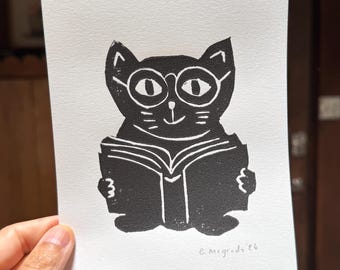 Bookish Cat Reading Linocut Print: Quirky Handmade Wall Art for Cat Lovers