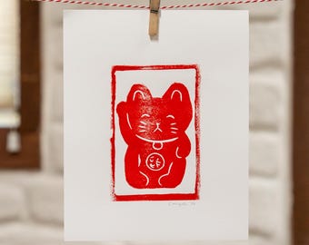 Impression linogravure chat porte-bonheur : oeuvre d'art murale originale faite main pour les amoureux des chats