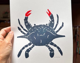 Blue Crab Linocut Print: Handmade Wall Art for Beach Lovers