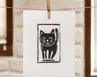 Cat on a Baguette Linocut Print: Quirky Handmade Wall Art for Cat Lovers