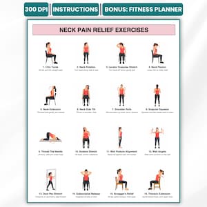 Neck Pain Relief Exercises, 17 Page Printable PDF, 16 Illustrated Stretches for Tech Neck & Posture with Reps and Form Cues
