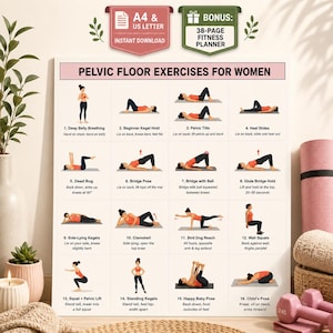 Pelvic Floor Exercises For Women, 17 Page Printable PDF, 16 Illustrated Kegel and Core Moves with Reps, Breathing & Form Cues