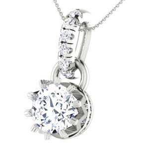 May include: A silver-toned pendant necklace featuring a large, round, clear faceted stone set in a prong setting. The pendant is suspended from a curved, vertical bail adorned with a row of small, clear, round-cut stones on a thin chain.