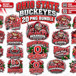 Puede incluir: Una colección digital de 20 diseños gráficos de Ohio State Buckeyes con la mascota del equipo, imágenes de fútbol americano y la letra O. Las ilustraciones en rojo, blanco y gris incluyen textos como Scarlet Warrior, Go Bucks y Brutus.
