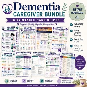 May include: A digital bundle of 10 printable dementia caregiver guides featuring titles like Transfer Safety, Behavior Is Communication, Sundowning Management, Aspiration Precautions, and Bathing & Toileting Strategies with purple and teal accents.