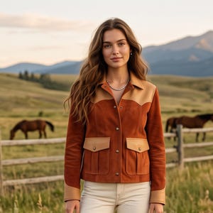 May include: A rust-colored suede jacket featuring tan leather accents on the collar, shoulders, and cuffs. The jacket includes two front flap pockets, a button-down front closure, and long sleeves, worn over a pair of light-colored trousers.