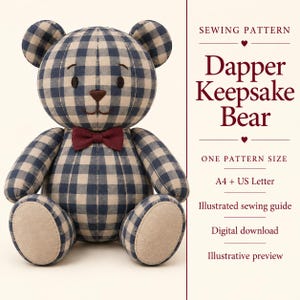 Patrón de costura para osito de peluche Dapper Keepsake, diseño patchwork, tamaños A4 y Carta estadounidense (descarga digital).