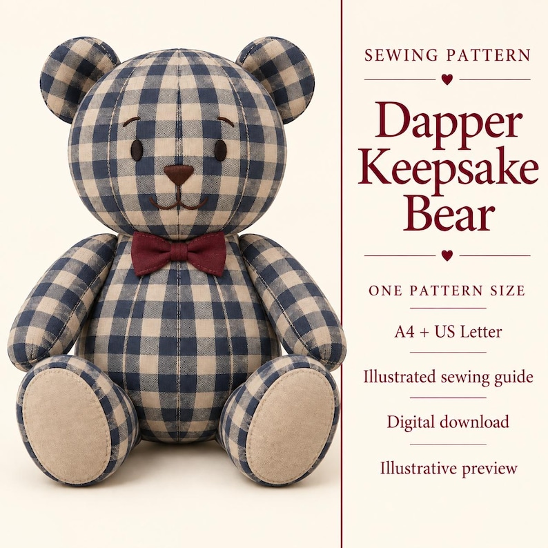 Puede incluir: Un oso de peluche hecho de tela a cuadros azul y beige con una pajarita de color rojo oscuro. El texto dice: SEWING PATTERN Dapper Keepsake Bear ONE PATTERN SIZE A4 + US Letter Illustrated sewing guide Digital download Illustrative preview.