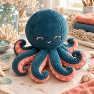 May include: A plush octopus toy featuring a dark teal rounded head and eight curled tentacles. The underside of each tentacle is a soft peach color with circular suction cup details. The face has embroidered closed eyes and a small smile.