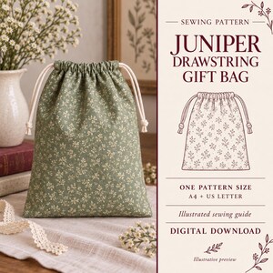 Puede incluir: Una bolsa de regalo con cordón verde con un pequeño estampado floral blanco y cordones color crema. La imagen incluye el texto: SEWING PATTERN JUNIPER DRAWSTRING GIFT BAG, ONE PATTERN SIZE A4 + US LETTER, Illustrated sewing guide, DIGITAL DOWNLOAD.